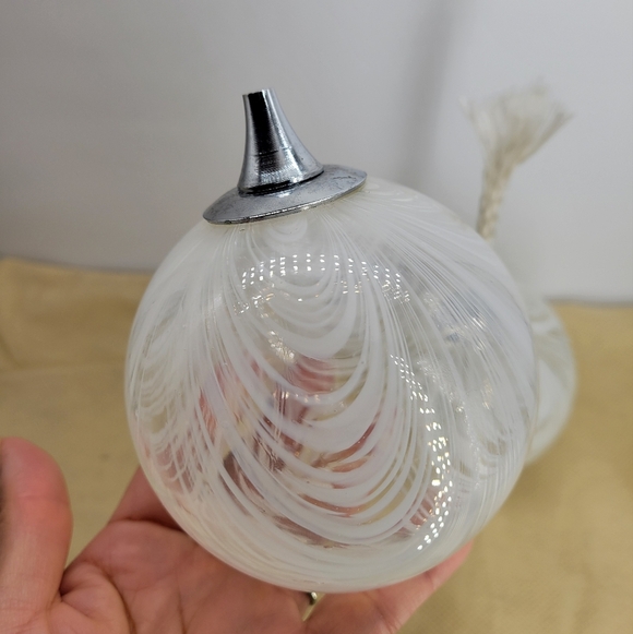 Hand-Blown Swirled White Glass Oil Lamps with Vintage Metal Wick Holders Set TWO - Picture 4 of 13
